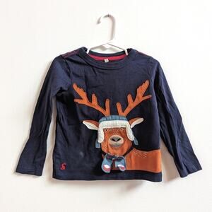 Joules T-Shirt Boys Sz 3Y Navy Reindeer Winter Graphic Applique